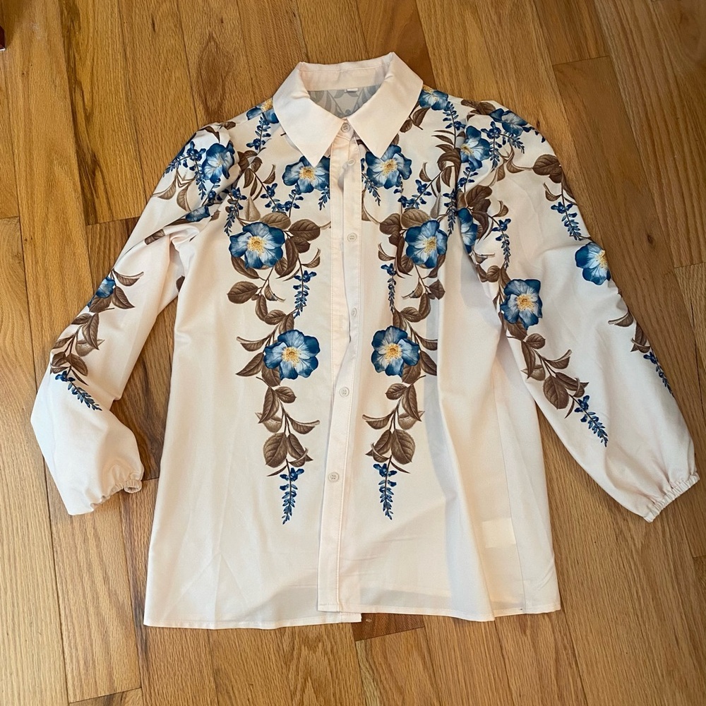 Cream Button-Up Blouse with Blue Floral Embroidery